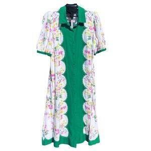 Crown and Ivy Floral Green and White‎ Button Up MIDI Dress Large NWT
